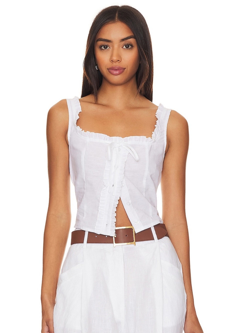 REVOLVE Cottage Too Women’s White Ruffle Tie-Front Linen Blend Tank Top